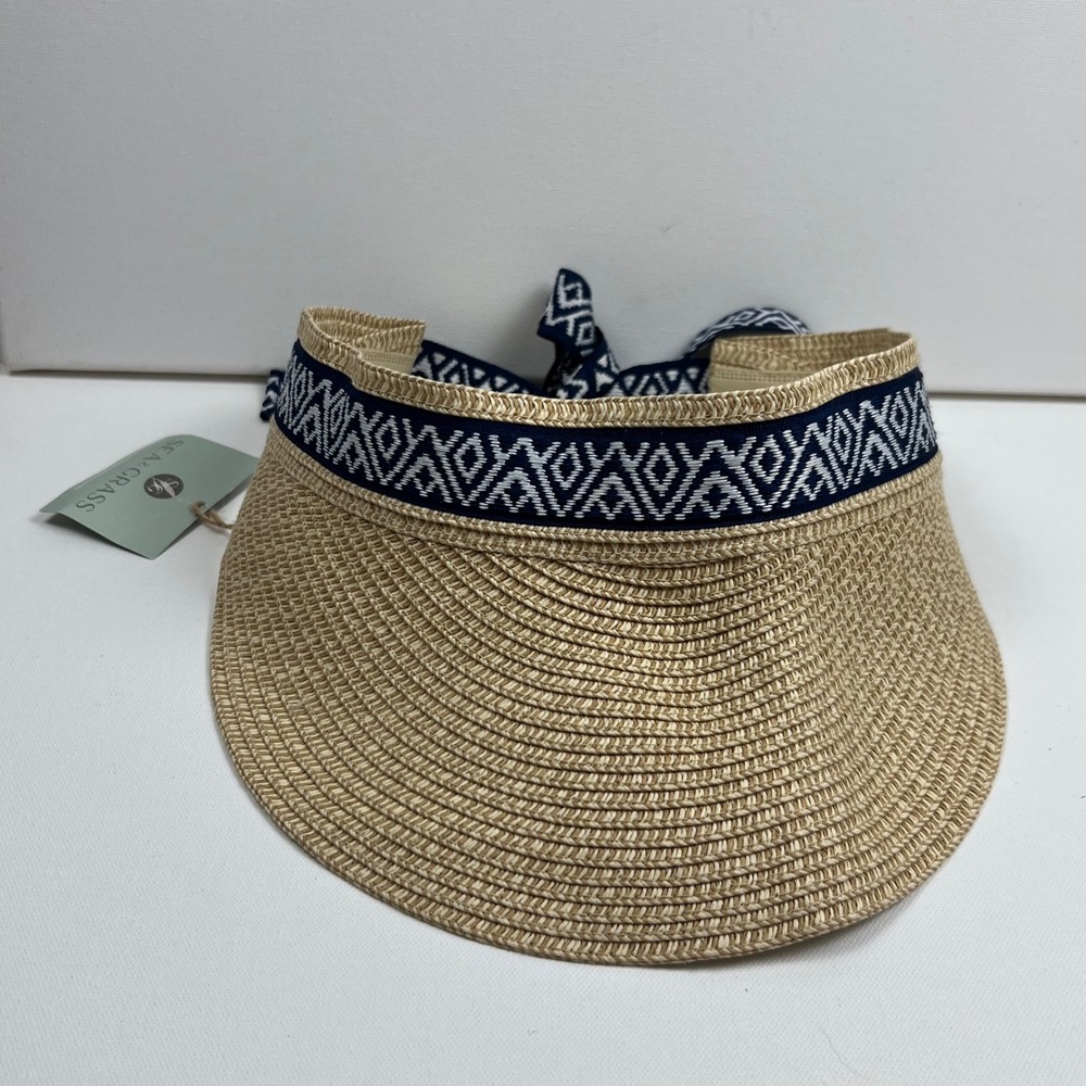 Sea & Grass Straw Visor Tan Navy Blue Geometric Ribbon Tie Back Sun Hat NWT